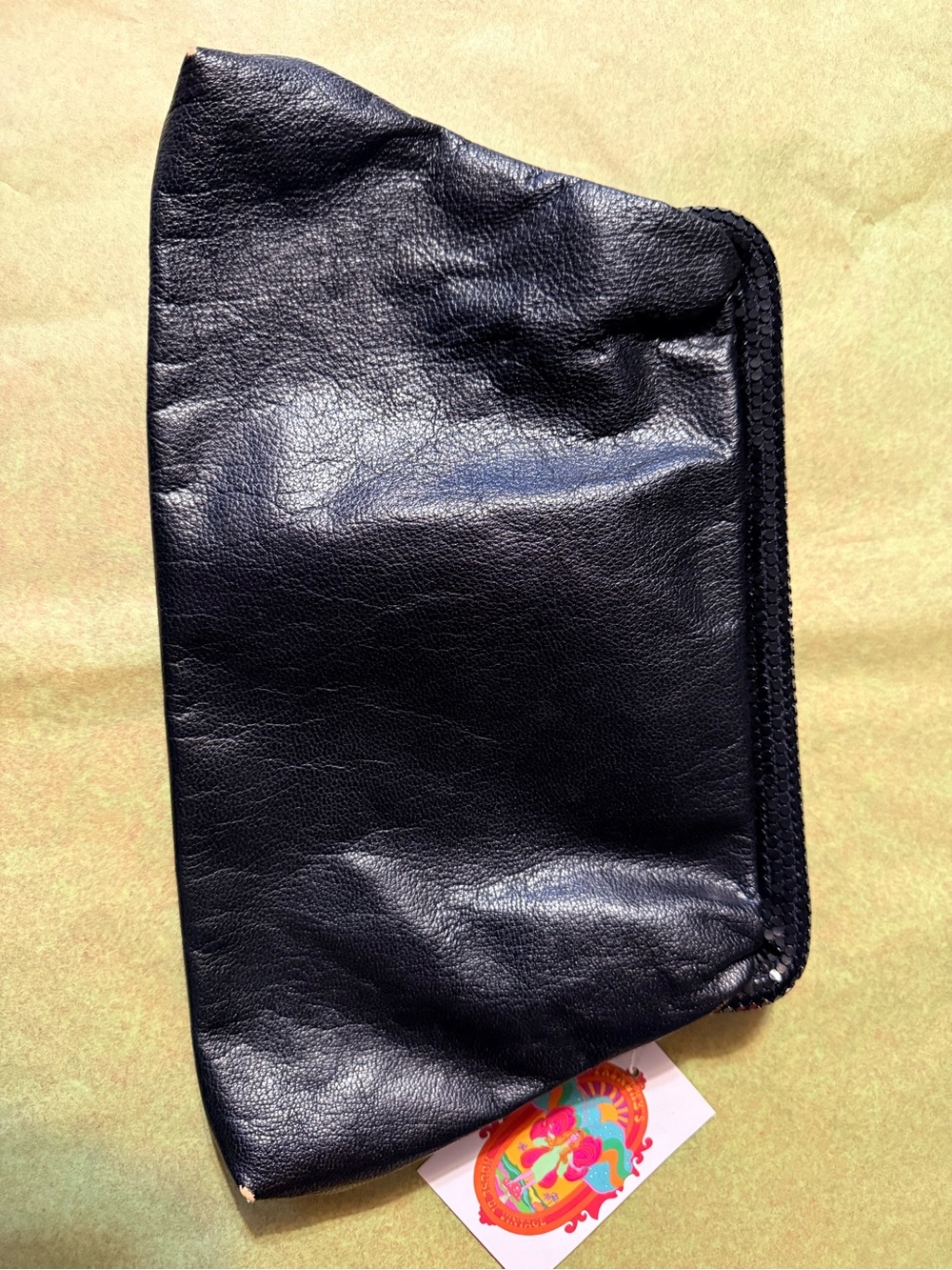 Women’s Black Leather sequin bead trim, clutch